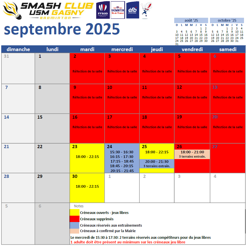 Créneaux du mois Septembre