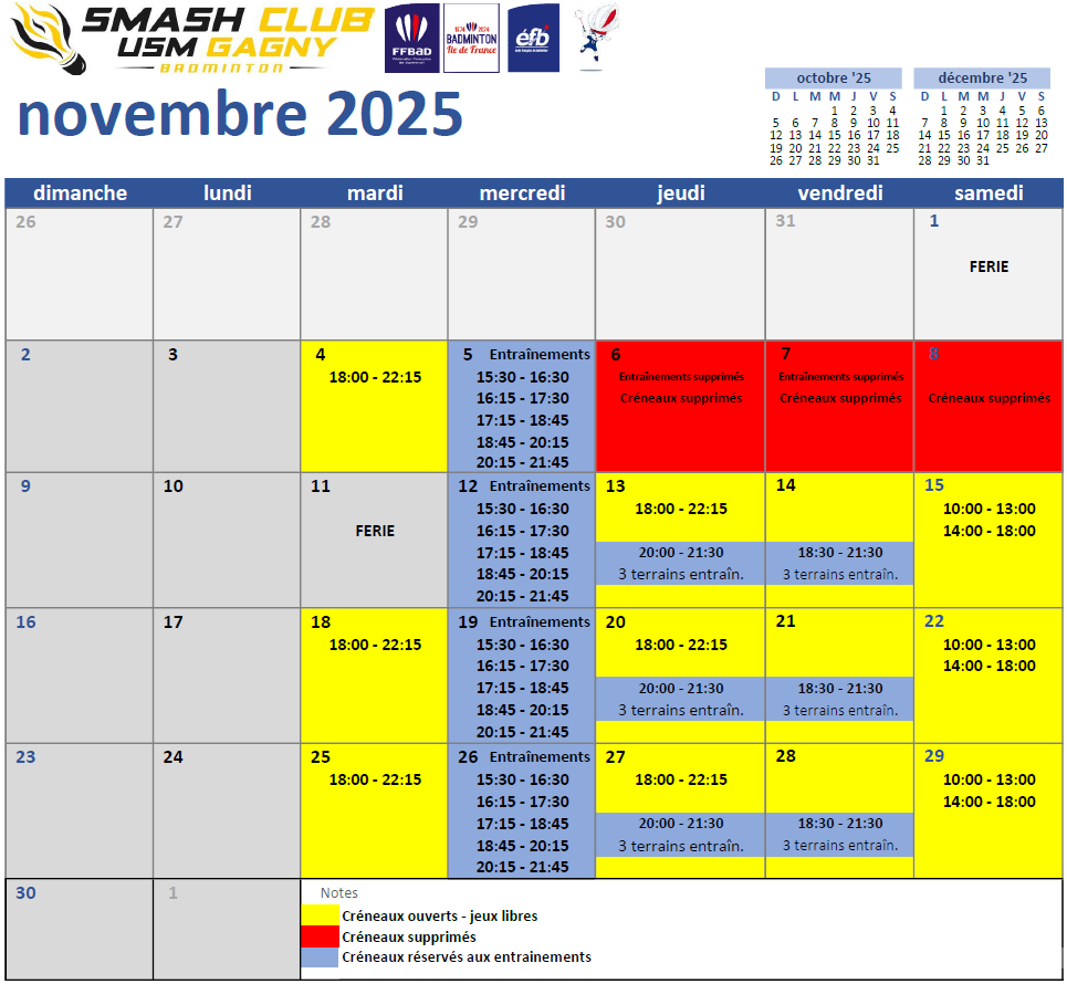 Créneaux du mois Novembre
