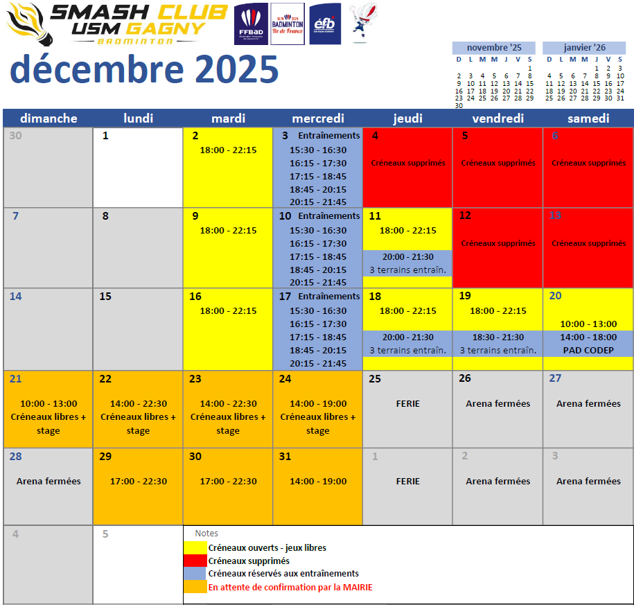 Créneaux du mois Décembre