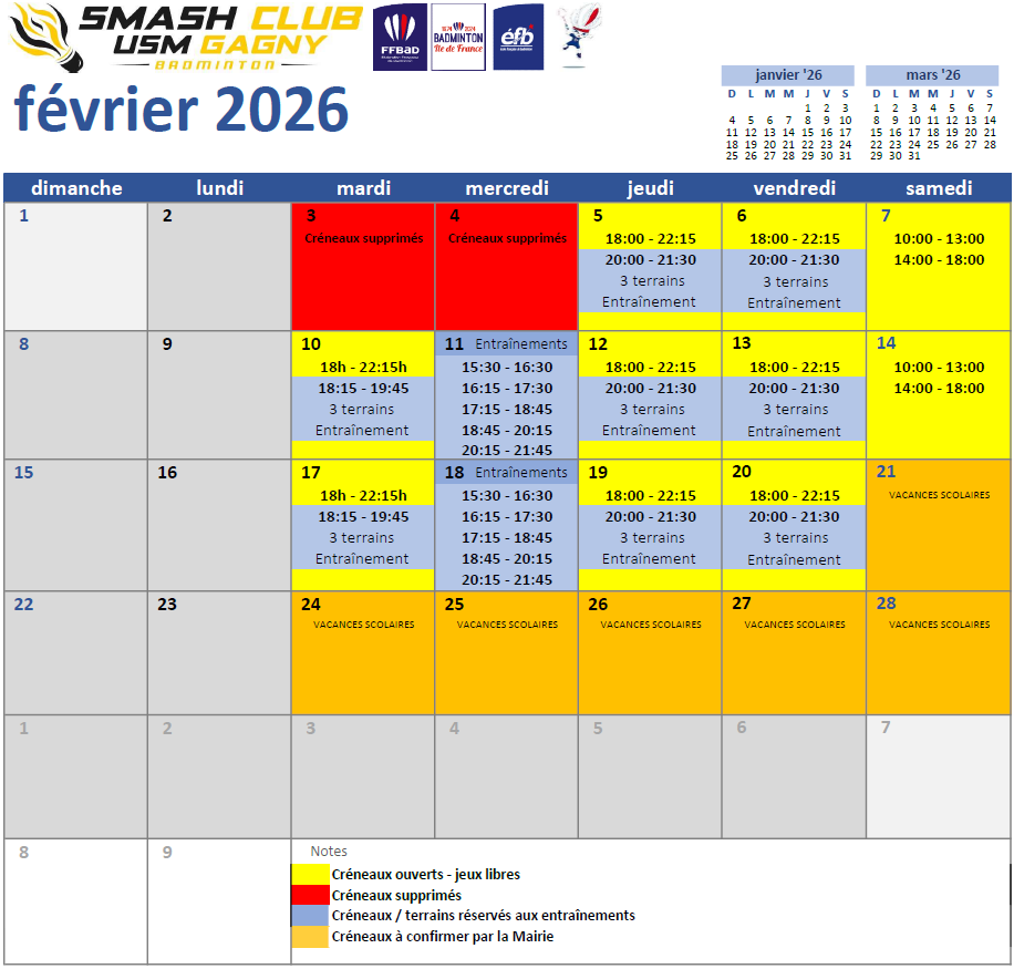 Créneaux du mois février